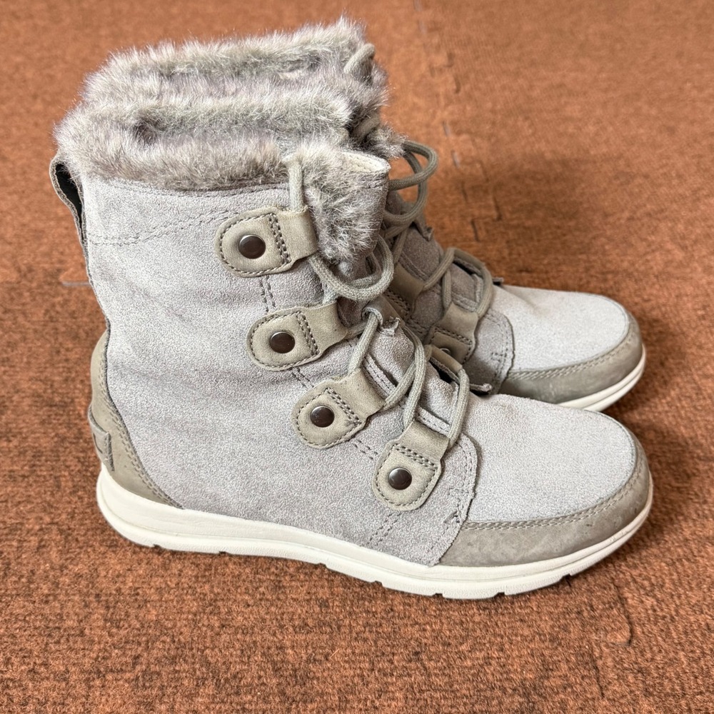 Sorel Explorer Joan Quarry Grey Faux Fur Waterproof Winter Boots‎ NL3039-052 7.5